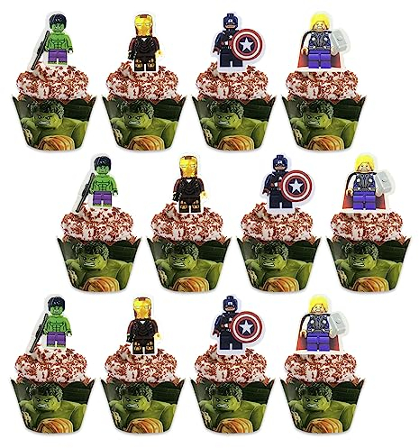 HUARYEN Cupcake Toppers Dekoration, 24 Stück Cupcake Verpackung Topper Cartoon Kuchen Topper, Cupcake Wrappers Papier, Tortenaufleger Muffin Deko für Kinder Geburtstag Party