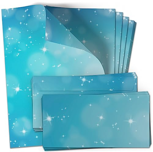 50 Briefpapier und Briefumschlag SET | Blau Sterne Modern | Papier und Umschlag mit Design-Motiv bedruckt | 90 g/m²