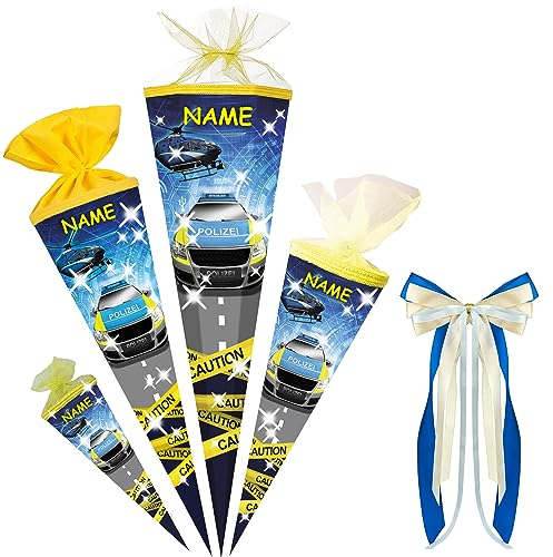 alles-meine.de GmbH Schultüte - mit 3D Glitzer - Effekt ! Polizei Auto & Helikopter 35-85 cm Größe wählbar inkl. Name + Bänder Schleife - Zuckertüte - Tüllabschluß/Fi..