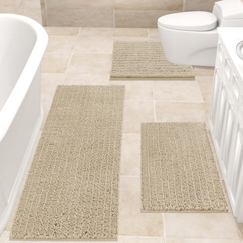 ACCUMTEK Upgrade Extra großes beige Badezimmerteppich-Set, 3-teilig, ultraweich, dick, saugfähig, rutschfest, Chenille-WC-Vorleger für Badezimmer, Schlafzimmer, Küche