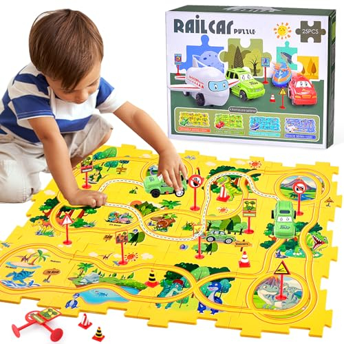 Pipihome DIY Assembling Electric Trolley, Puzzle Car Track Set with Vehicles, Car Track Toy, Race Tracks for Boys Age 3, Rail Car Building Montessori Toys for 3+ Year Old Boys & Girls, Dinosaur