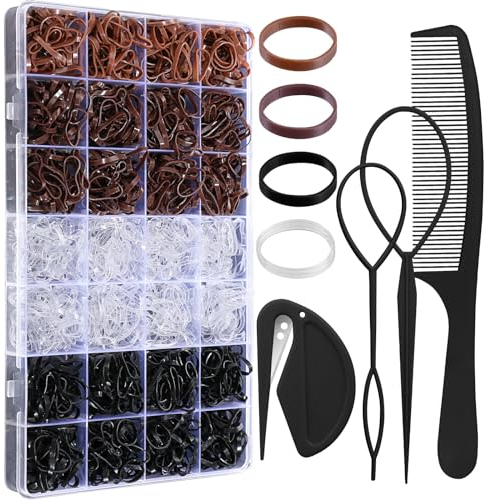 1500 Pcs Elastic Hair Bands Black Brown Clear Hair Elastic Bands Small Hair Bands with Tail Hair Tool Hair Comb and Hair Elastics Cutter, Mini Rubber Hair Ties for Baby Girls Women