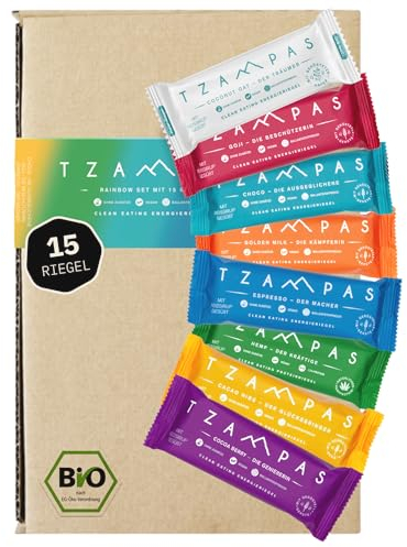 TZAMPAS® BIO Energieriegel · 15x40g Riegel in Rainbow Box · 8 Sorten Powerriegel im Probierset · Nachhaltige Sportriegel mit Superfoods für langfristige Energie · Vegan, Ohne Zucker (raffiniert)