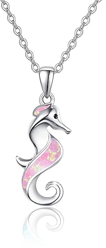 ZIPPICE Rosa Opal Seepferdchen Halskette 925 Sterling Silber Opal Seepferdchen Kette Niedliche Ozean Tier Anhänger Schmuck Geschenk für Frauen Mädchen Mama Frau Freunde