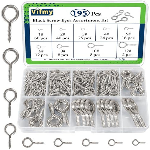 Vifmy Screw Eyes Assortment Kit(195Pcs),0.75 0.78 0.90 1 1.1 1.18 1.39 1.57 1.75 Zinc Plated Eyelet Screws,Metal Small Tapping Screw Hooks Ring,Silver