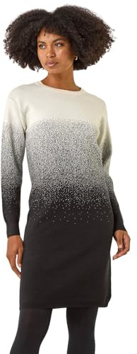 Roman Originals Knitted Jumper Dress for Women UK Ladies Stretchy Knit Knitwear Autumn Winter Casual Smart Pull On Work Long Sleeves Slouch Above Knee Short Length - Ivory Black - Size 16