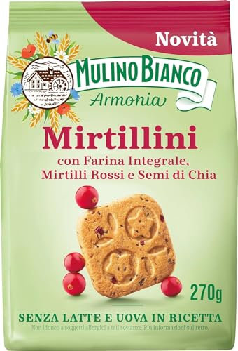 Zeus Party 3 Pacchi di Mulino Bianco Mirtillini, Biscotti Frollini Senza Latte e Uova con Farina Integrale, Mirtilli Rossi e Semi di Chia, Ricchi di Vitamina E, Confezione 270g