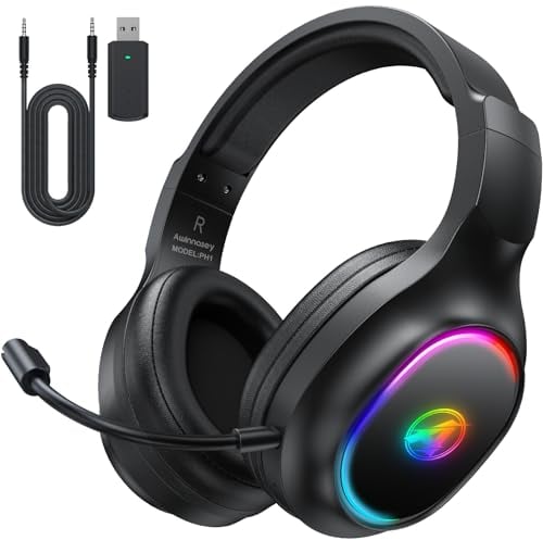 Awinnasey Cuffie Gaming Wireless con Microfono per PS4, PS5, PC, Mac, Switch, Cuffie da gioco con Cancellazione del Rumore con Luce RGB, 2,4 GHz, Suono Stereo 7.1, Cuffie Bluetooth Nero