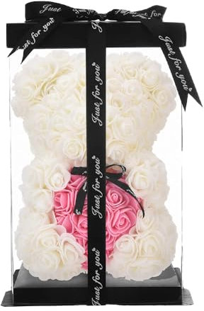 ZENZERO® - Ours rose - Ours recouvert de roses en PE - Ours en peluche dans une boîte cadeau - Dimensions 10 (26 x 17 cm) - Pièces : 1 - Disponible en différentes couleurs - Couleur : (blanc coeur