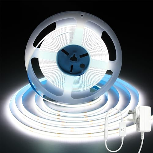 iNextStation COB LED Streifen 10M Kaltweiß 6000K, DC24V Dimmbar LED Strip Lights mit Netzadapter Flexibel CRI93+ Lichtband Selbstklebend für Schlafzimmer, TV Hintergrundbeleuchtung, Küche