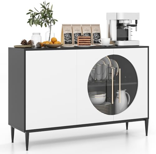 COSTWAY Buffetschrank mit Glastüren & Metallbeinen, Sideboard Weiß + Schwarz, Küchenschrank Holz, Buffet Esskommode für Esszimmer, Küche, Wohnzimmer 120 x 35 x 80 cm