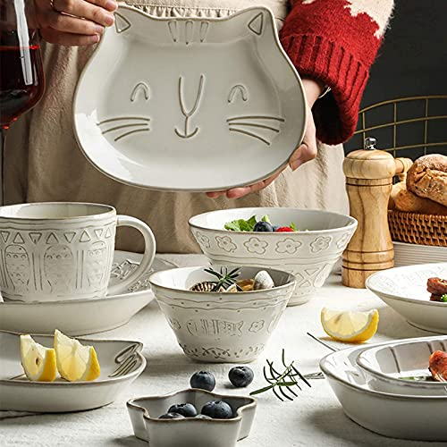 CCKUHN Vajilla De Gama Alta, Vajilla De Cerámica, Vajilla De Porcelana De Gato De Dibujos Animados Retro De 38 Piezas | Juego de Cuencos de Cereales y Platos de Carne en Relieve para reun