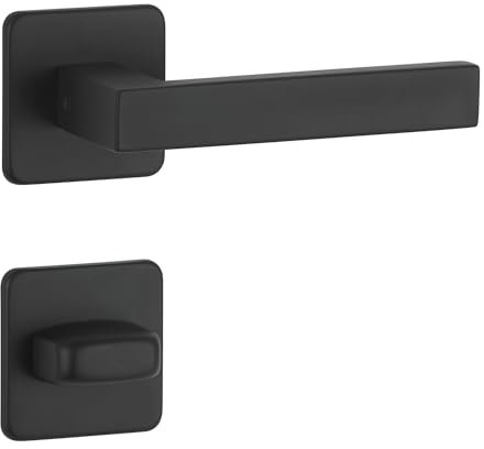 FELGNER Poignée de porte Parma pour salle de bains et WC | design moderne | poignées de porte | garniture de porte pour portes de salle de bains | avec rosaces et verrou avec indicateur | Noir mat