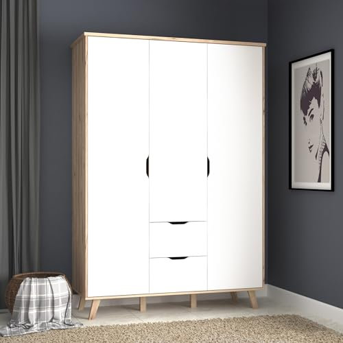 möbelando Kleiderschrank >VANKKA< in Planked Eiche, Weiss - 139,4x201,5x52,7cm (BxHxT)