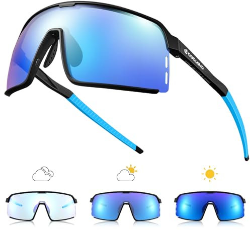 Odoland Photochromic Sports Sunglasses for Men Women Adult UV400 Anti Glare Running Sunglasses for Cycling Riding Run Driving Fishing Indoor and Outdoor Blue