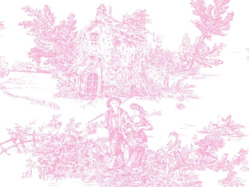 Enduit Anti Tache Toile de Jouy Tissu Variante Couleur Rose | 100% Coton | Hauteur 180 cm | Vendu au mètre linéaire