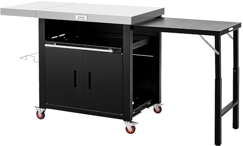 Grilltisch, Outdoor-Küche mit Schrank, Outdoor-Grilltisch mit 2 faltbaren Beistelltischen, Edelstahl-Platte für Küchenschränke im Freien, Barwagen, beweglicher Grillwagen mit ausziehbarer Platte, L