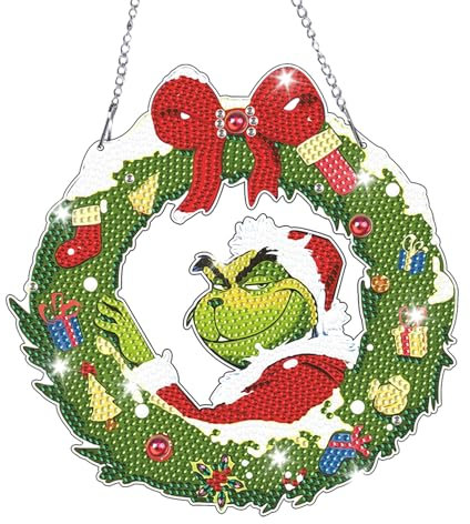 DIY 5D Diamond Painting Weihnachten Anhänger, Weihnachtskranz, Diamond Painting Weihnachten, Kinder Weihnachtsbaum Deko, Weihnachtsbaum Fenster Hängend Winter Deko(A)