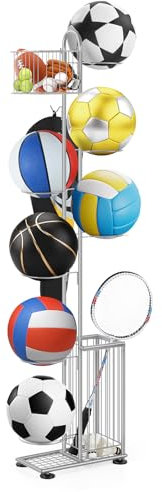 smusei Ball Stand Metal, 7 Tier Ball Storage Rack Vertical Ball Rack Holder with 2 Baskets & Hooks, Room Outdoor Sports Equipment Organizer for Basketball, Football, Volleyball etc - Silver