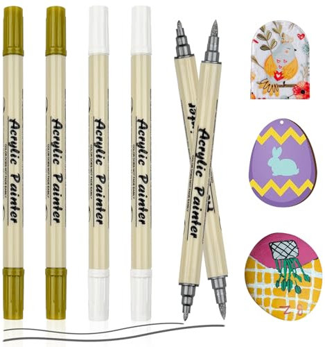 6Pcs Waterproof Paint Markers, White/Gold/SilverAcrylic Paint Pens, 1mm & 1-3mm Fine Point Acrylic Pens, Dual Tip Brush, Quick Dry Oil Based Paint Pens, Permanent Marker Pens for Rocks Painting Glass