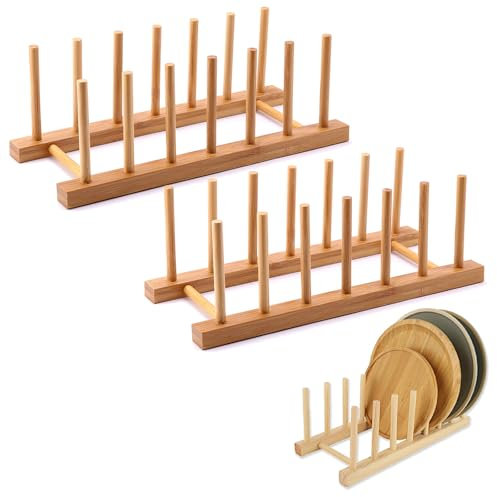 KYEDGC 2pcs Plate Rack, Kitchen Wood Dish Plates Storage Tray Holder Rack, Wooden Plate Rack, Wooden Dish Rack, Wooden Chopping Board Holder, Plates Tray Storage Rack For Plate, Cup, Pot Lid