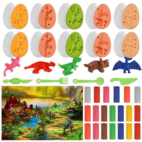 Tigvio 35 Stück Ostereier Knete Zubehör, Knetwerkzeug Knete ab 2 3 4 5 6 Jahre Knete Set mit 10 Dinosaurier Ostereier Formen und 20 Spielknete, Osterparty Geschenke für Kinder Jungen und Mädchen