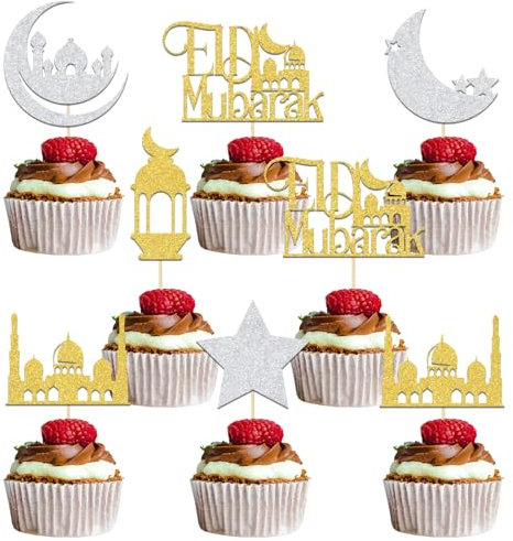 24Pcs Umrah Mubarak Cupcake Topper, Eid Mubarak Cupcake Topper, Eid Birthday Party Cake Decoration Gold Silver Glitter