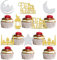 24Pcs Umrah Mubarak Cupcake Topper, Eid Mubarak Cupcake Topper, Eid Birthday Party Cake Decoration Gold Silver Glitter
