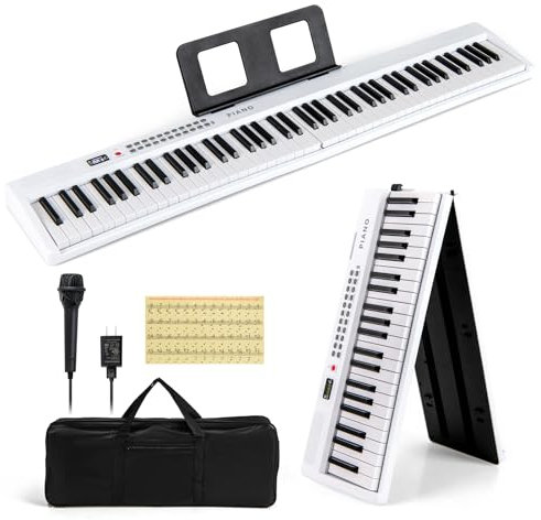 DREAMADE Clavier Numérique Pliable à 88 Touches, Semi-Lesté de Taille Standard avec MIDI Sans Fil, 2 Haut-Parleurs, Piano Portable pour Débutants, Enfants, Adultes (Blanc)