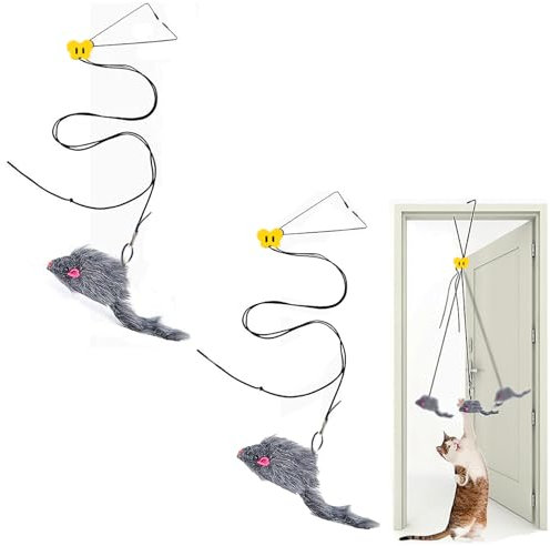 2 Pcs Interactive Cat Toys for Indoor, Door Hanging Mouse Toy with Squeaky Sound and Feather Tail, No Batteries, Great for Kitten Exercise, Reduces Boredom, Fun Play Toy for Cats, Easy to Install(Grey