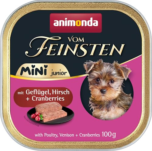 animonda Vom Feinsten Mini Junior Hundefutter Geflügel&Hirsch (32 x 100 g) | Hundefutter nass mit Geflügel, Hirsch & Cranberrys, getreidefreies Welpenfutter ohne Zucker für kleine Hunderassen