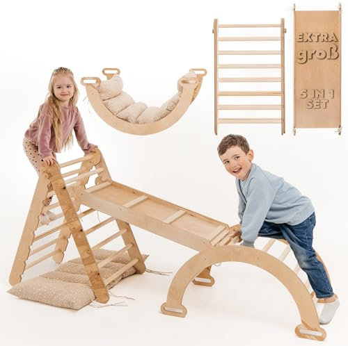 Extra Groß 4-in-1 Indoor Klettergerüst für Kleinkinder - Dreiecksleiter, Kletterbogen & Kletterrampe & Kissen, Montessori Klettergerüst, Kinder Holzspielplatz, für Kinder von 1-5 Jahren