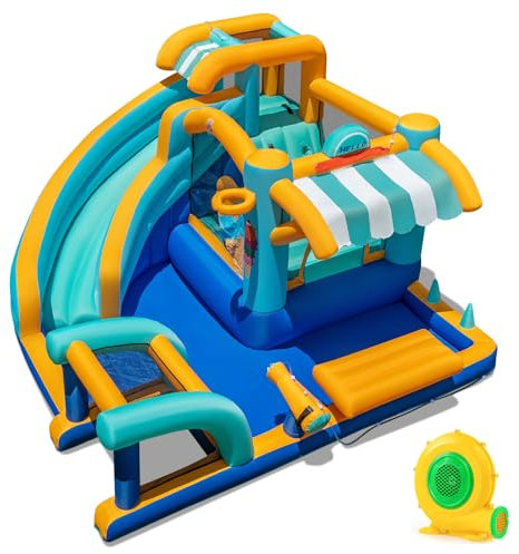 COSTWAY Inflatable Water Park, Kids Bouncy Castle Jumper House with Slide, Water Cannon, Climbing Wall, Football Goal, Basketball Hoop, Toy Market Stand, 378 x 366 x 203cm (with blower)