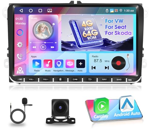 Motorsi Radio Estéreo 4G+64G para VW Polo Passat B6 Golf 5 6 Skoda, Doble DIN 9’’ con iOS Carplay Android Auto, Bluetooth 5.0, GPS, WiFi, 32 EQ, FM/RDS, 2 USB, Compatible con Dab y OBD2