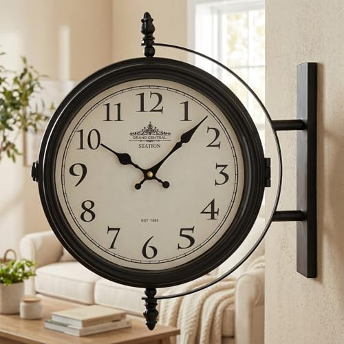 Grand Central Station Double-Sided Wall Clock - Black Iron Frame, Cream Dial, Silent Quartz Movement, Vintage European Style, Ideal for Living Room, Outdoor,Bedroom, Office Decor 13.4*15*4.5 inch