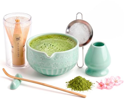 Matcha Set, Ceramic Matcha Kit with Bowl, Bamboo Whisk, Scoop, Strainer, Scoop Rest, Whisk Holder, Cloth + Instruction Handbook – Traditional Japanese Tea Ceremony Kit
