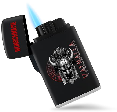 Shirtracer Sturmfeuerzeug personalisiert Valhalla Wikinger Helm | Schwarz, 6,5 x 4 cm, Nordmänner, Mittelalter, Viking, Jet, Jetflame, Gas, nachfüllbar, Jetflamme, bei Wind, Gasfeuerzeug