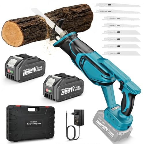 Yofuly Scie Sabre sans fil Compatible avec Batterie Makita 18V, 2026 Mise à Niveau Scie Alternative 3500spm, 28mm Longueur de Course, Scie Sabre avec 2 Batteries 4,0 Ah, 8 Lames pour Bois/Métal/PVC