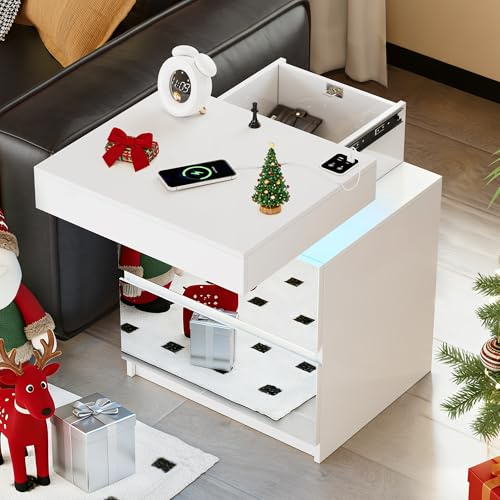 Vlsrka Nachttische mit Geheimfach, Nachttisch mit Ladefunktion, Sensorlicht | Moderner Nachttisch mit USB-C Laden, Smart LED Lichtfarben, Schubladen mit Spiegel, Abschließbar, Wohnzimmer, Schlafzimmer