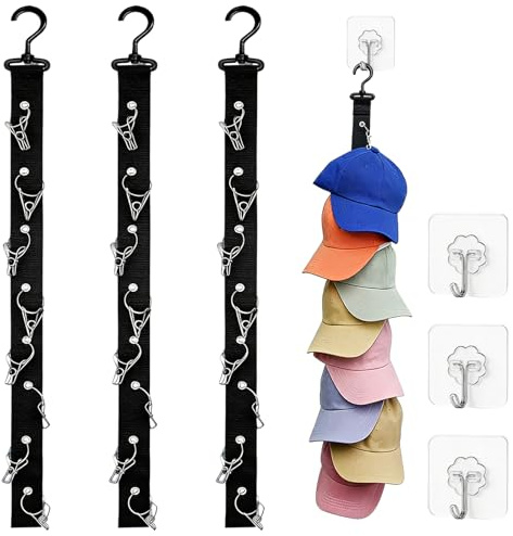 Kappenhalter, 3 Stück Praktisch Cap Halterung Wand, Selbstklebend, 70cm | Kappenhalter mit 16 Clips, 2 Haken, Cap Organizer Holder für Baskenmütze Sonnenhut Basecap