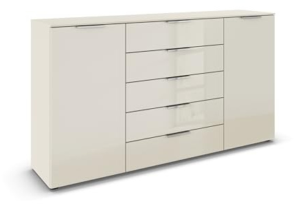 Rauch Möbel Flipp, Kommode, Farbe Glas Beige, Breite 180 cm | Sideboard, 2-türig, 5 Schubladen, Glasfront, Soft-Close-Funktion, für Schlafzimmer, Gästezimmer, Wohnzimmer, Garderobe, Flur