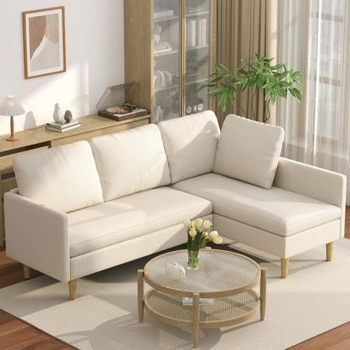 Blishom Ecksofa mit Schlaffunktion, L-Form Schlafsofa 3-Sitzer, Wandelbare Eckcouch aus weichem Frotteestoff, Modulares Sofa mit Bettfunktion für Wohnzimmer oder Gästezimmer, Beige