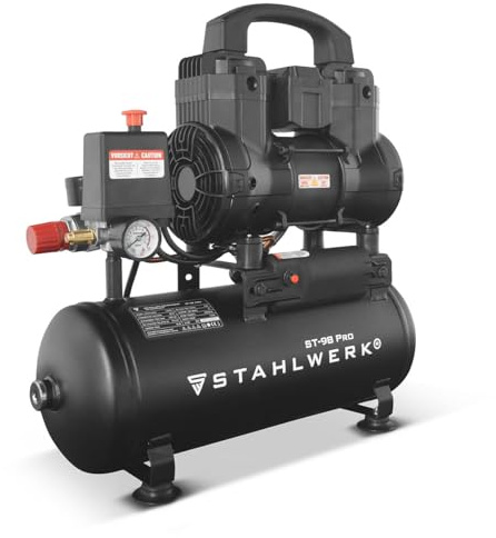 STAHLWERK Compressore con serbatoio da 9 L (ST-98 Pro) – senza olio & silenzioso, 8 bar, compressore d'aria con motori brushless, 1,22 CV, 0,90 kW, 170 l/min, compressore a pistoni silenzioso