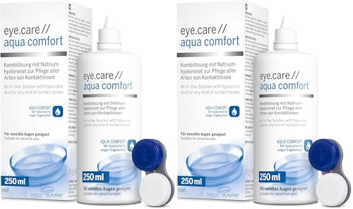 Eye.care Kontaktlinsen Flüssigkeit - mit Hyaluron - Premium 250ml Pflegemittel für alle weichen Kontaktlinsen inkl. antibakteriellen Behälter (Packung mit 2)