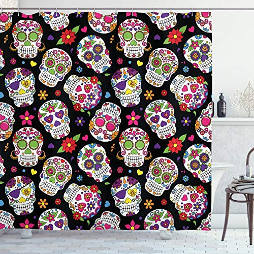 ABAKUHAUS Zuckerschädel Duschvorhang, Mexiko Themed Entwurf, Stoffliches Gewebe Badezimmerdekorationsset mit Haken, 175 x 200 cm, Schwarz Mehrfarbig