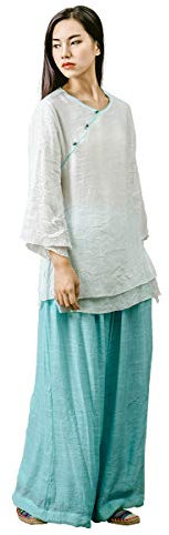 KSUA Damen Tai Chi Kleidung Zen Meditation Uniform Seide Baumwolle Kung Fu Kleidung, Weiß + Blau EU L/Etikett XL