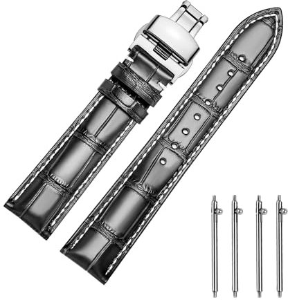 MUENShop Uhrenarmband mit faltschließe Leder Schnellverschluss Echtleder Armband für 18mm-24mm Schwarz Braun Blau Grün Kalbsleder Ersatz für Herren/Damen (24mm, Schwarz weiße)