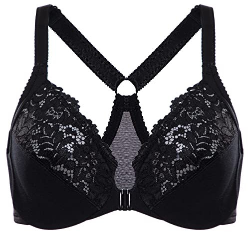 Delimira Women's Front Fastening Bra Racer Back Lace Plus Size Non Padded Underwired Black 38DD