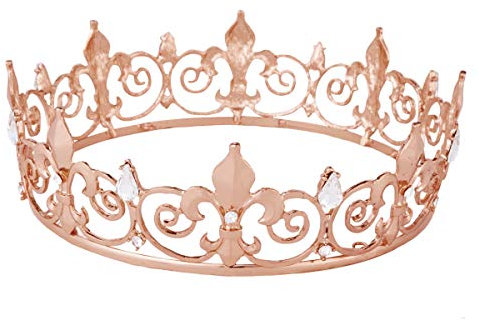 King Crown,Vofler Prince Costume Royal Medieval Fleur De Lis Metal Cake Topper Tiara w/Crystals for Men Boy Queen Bachelor Birthday Halloween Costume Hats Party Prom Pageant Homecoming, Rose Gold