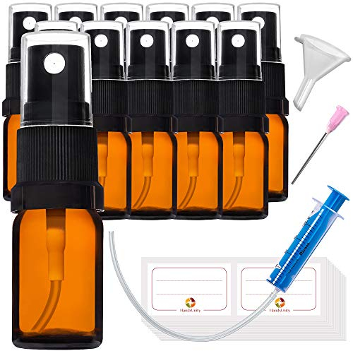 HandsUnity 5ml-12Stk Sprühflasche Glasflasche mit Zerstäuber - Bernstein Apothekenflaschen-Set mit schwarzer Zerstäuber Glassprühflasche aus Braunglas mit 29 Stk Zubehörteilen